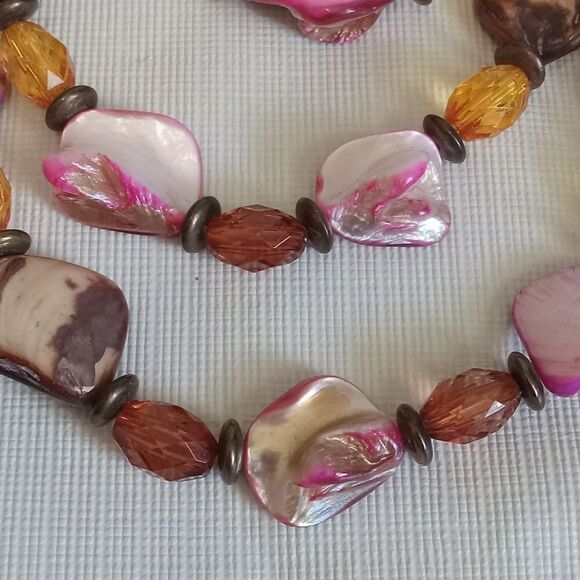 Pink & Brown Colorful Beaded Triple Strand Statement Necklace & Dangle Earrings - Picture 3 of 11